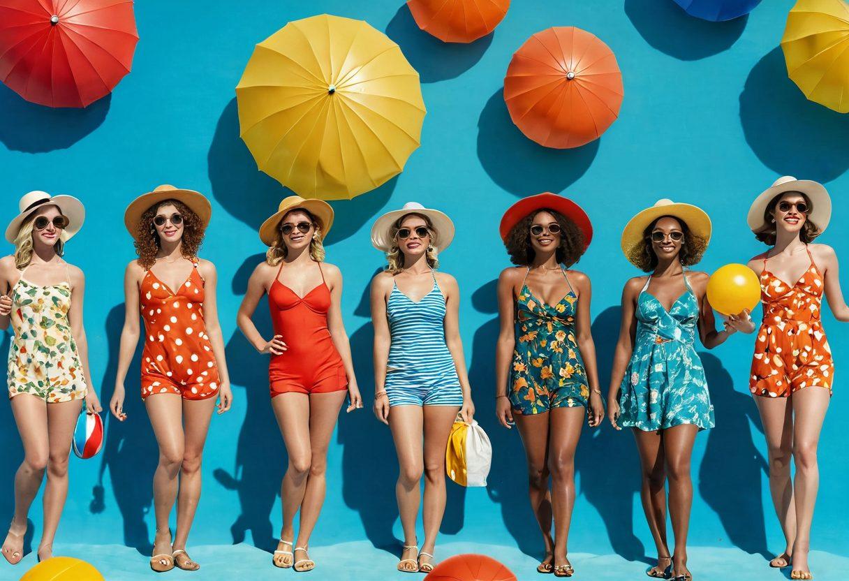 A retro-inspired beach scene featuring a diverse group of women wearing colorful vintage swim attire, surrounded by sun umbrellas and beach balls. The background showcases a serene ocean with gentle waves and a clear blue sky. Include elements like palm trees and vintage sunglasses to evoke a nostalgic summer vibe. The overall composition should emphasize sustainability through eco-friendly beach accessories like bamboo towels and recycled bags. vibrant colors. 3D.